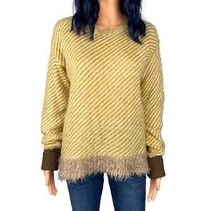 TELA Women's Striped Knit Sweater Fur Trim Mohair Wool